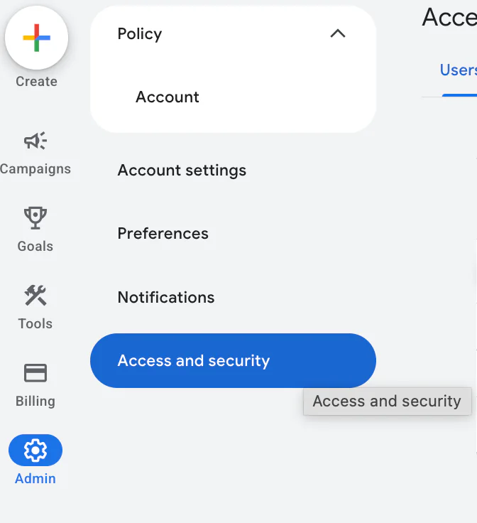 Access and security location on Google Ads