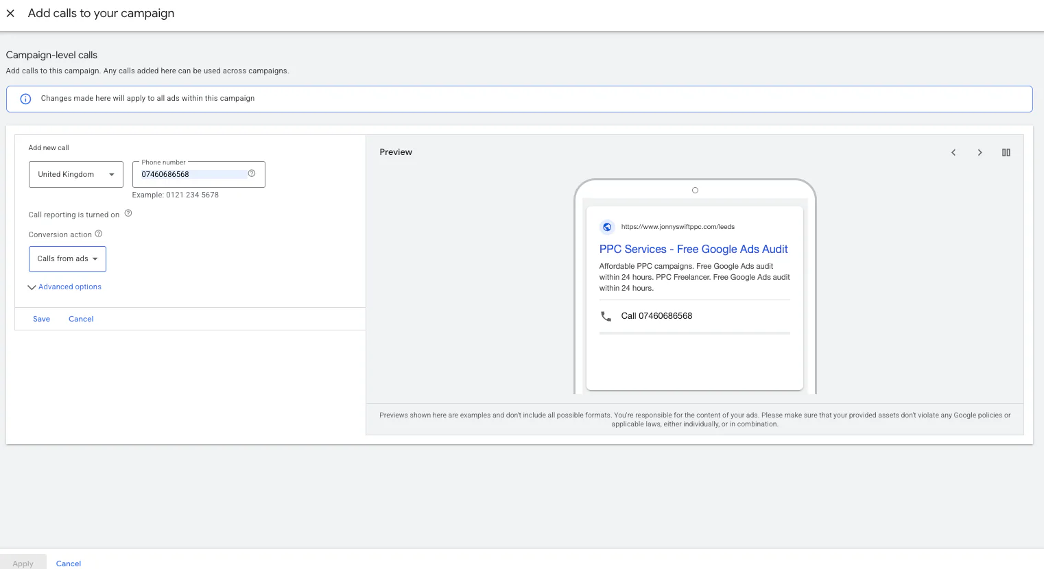 Adding call extensions to Google Ads