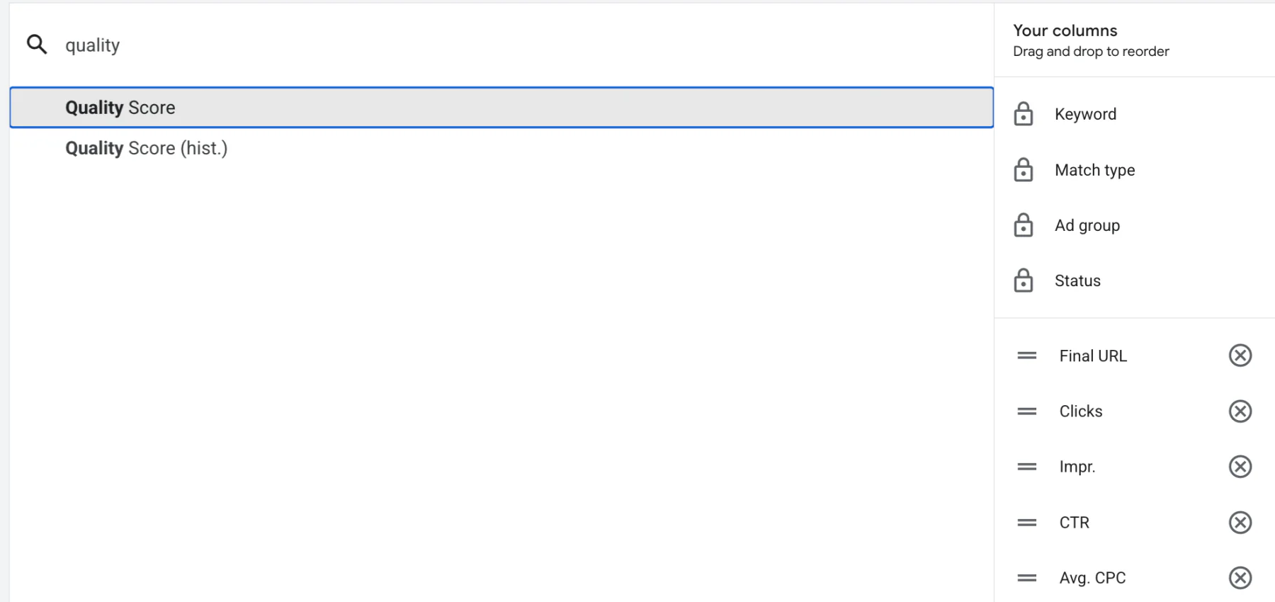 Adding quality score on Google Ads