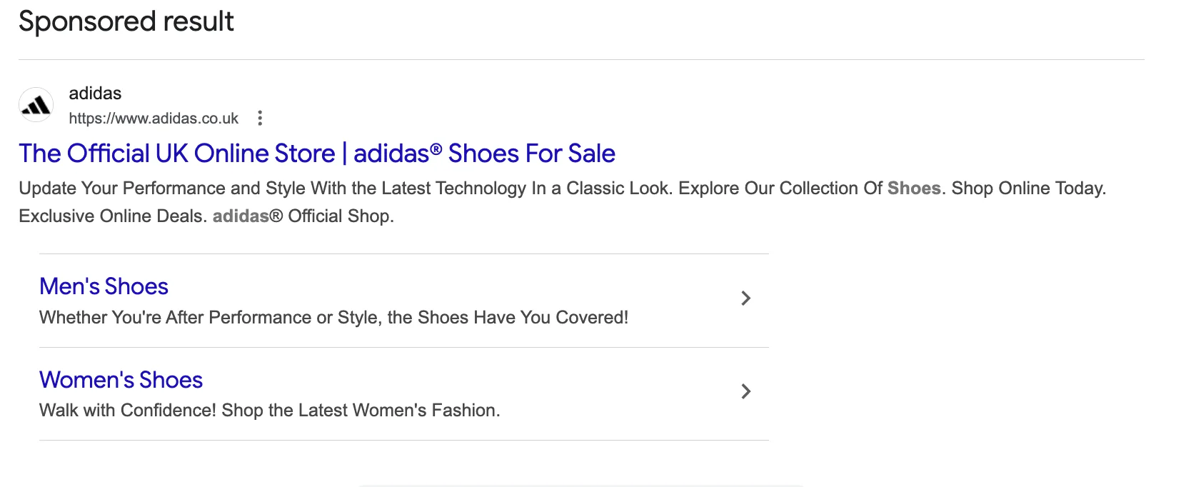 Adidas sitelinks on Google Ads