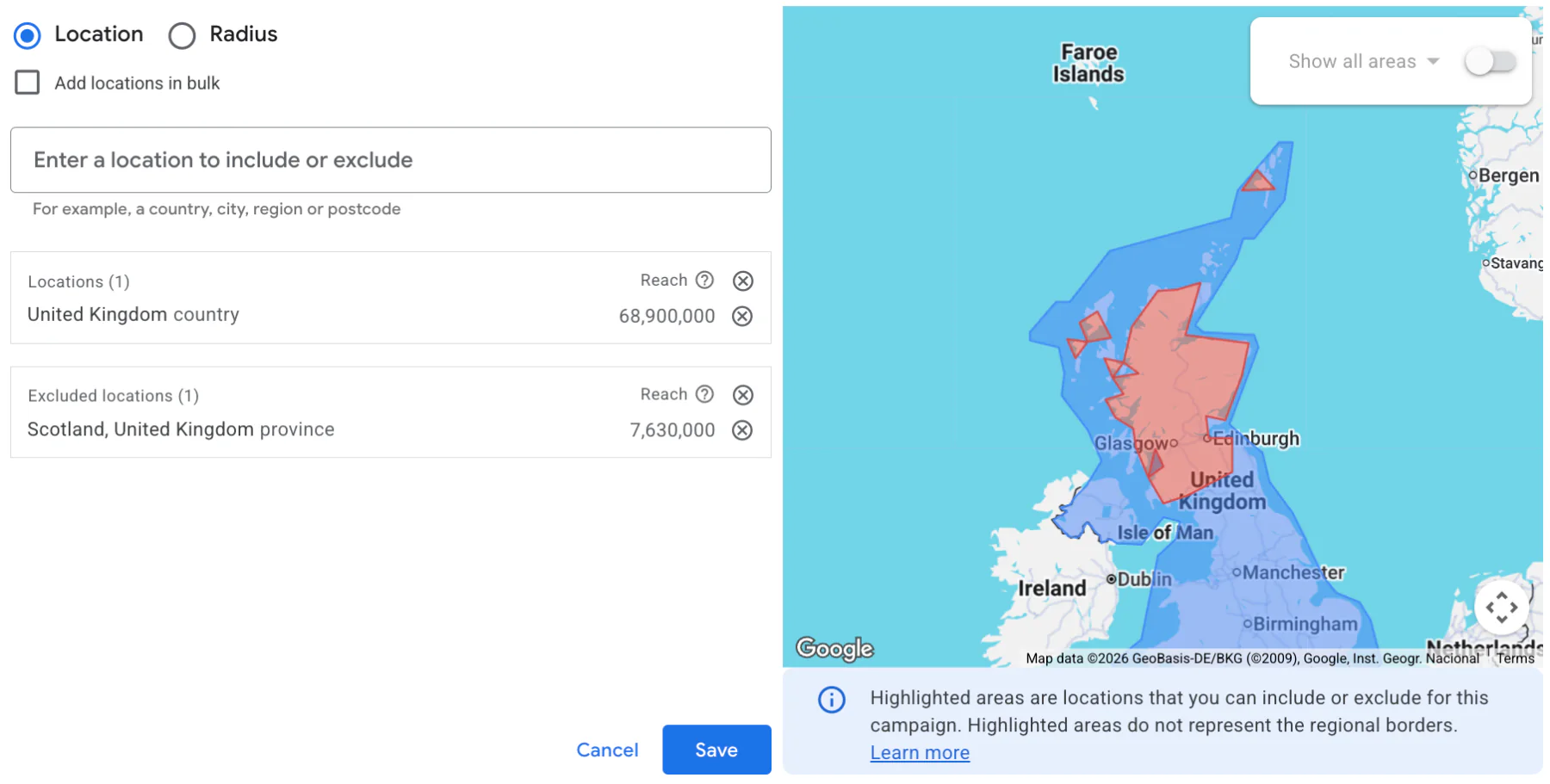 Advanced location settings on Google Ads