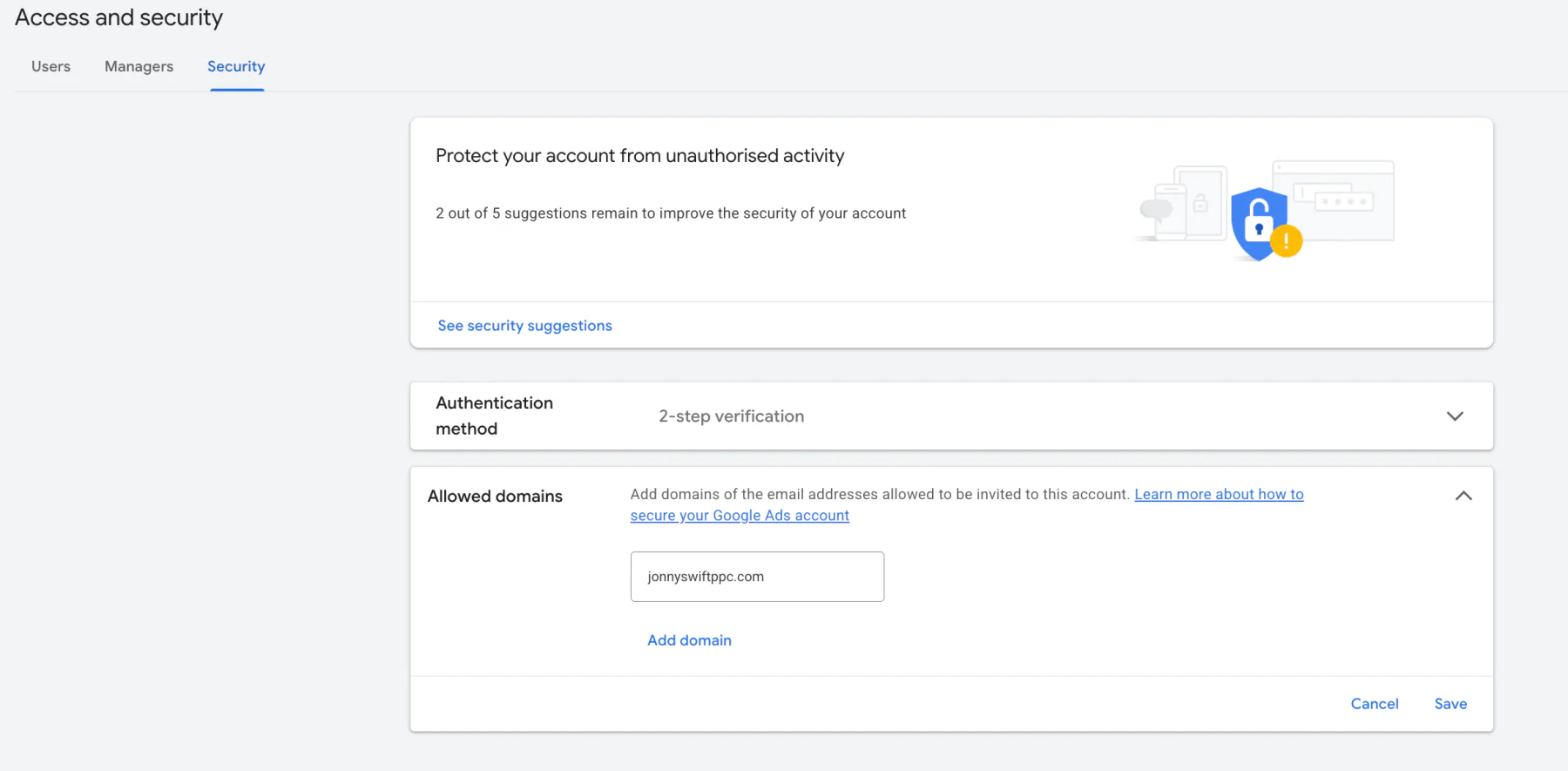 Allow domains area within access security on Google Ads