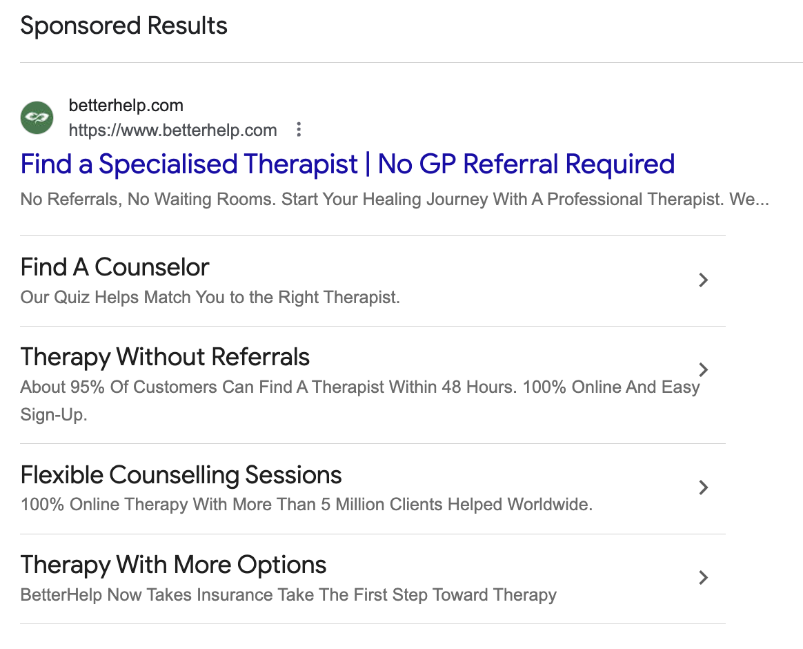 BetterHelp sponsored Google Search result with a therapist headline and additional links about counselling and online sessions
