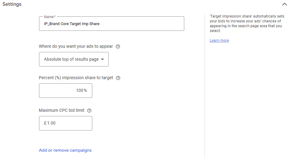 Setting brand bidding on Google Ads whilst choosing absolute top