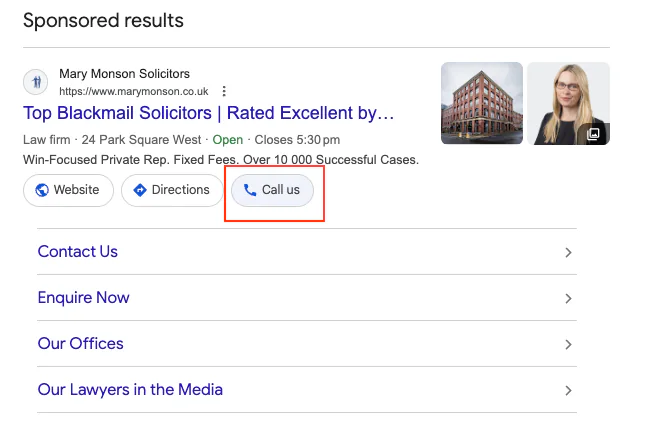 Call extension Google Ads example