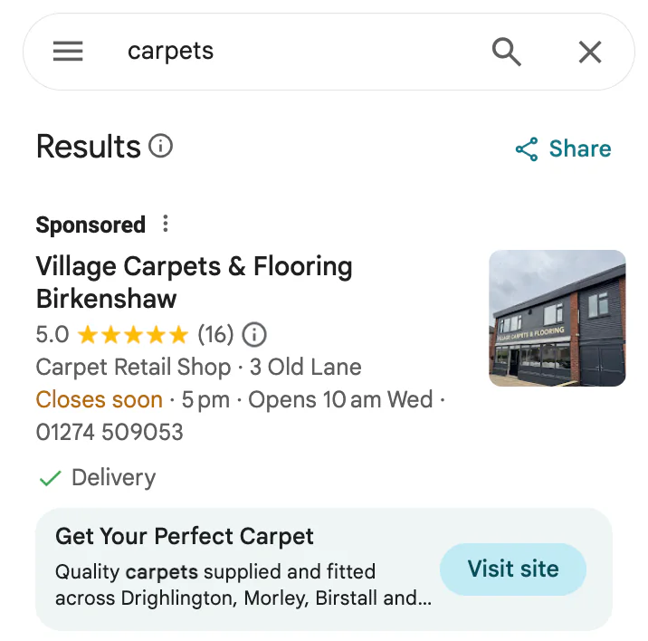 Carpet store on Google Ads for example