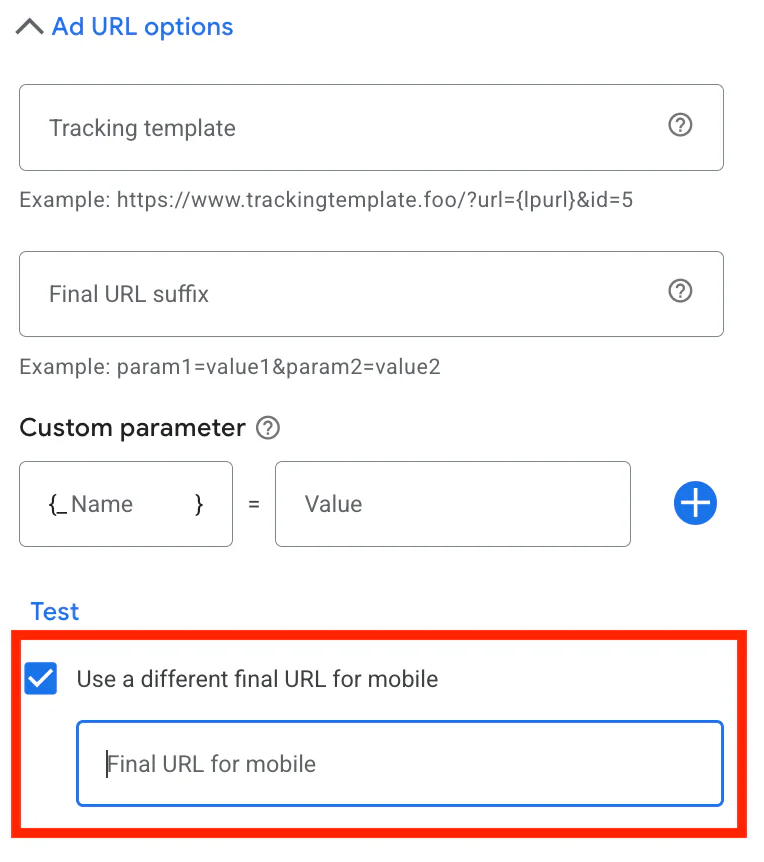 Change final mobile URL option on Google Ads
