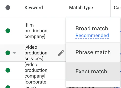 Change keyword match type on Google Ads.