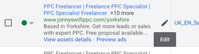 Editing an ad on Google Ads
