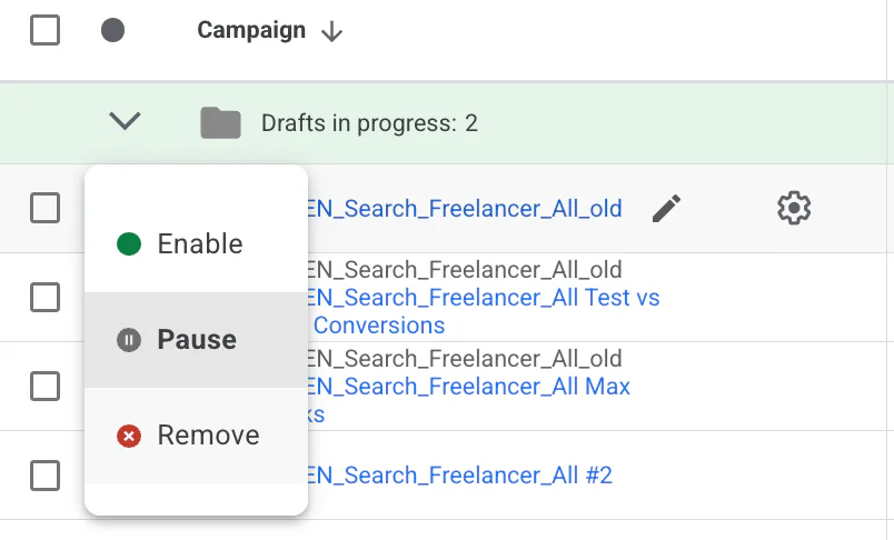 Enable pause or remove a Google Ads campaign