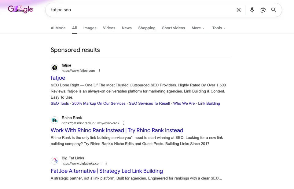 Example of competitor bidding on Google Ads