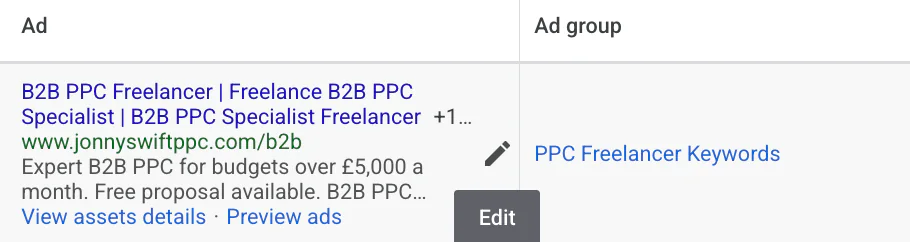 Example of selecting a Google Ads ad