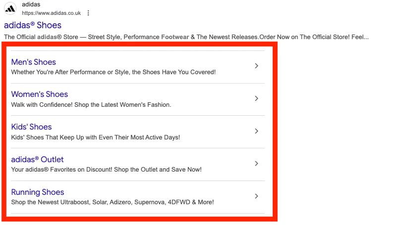 Example of sitelinks on Google Ads