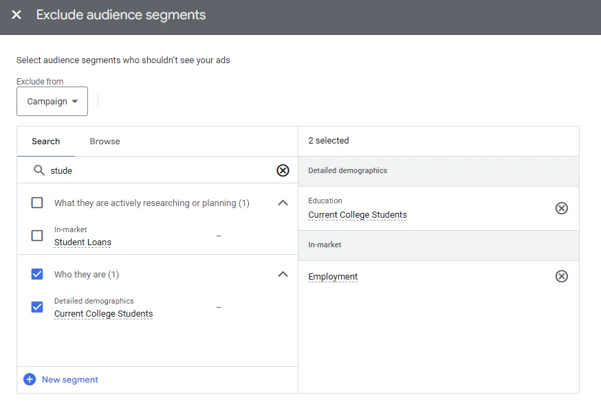 Remove students on Google Ads using audience segments