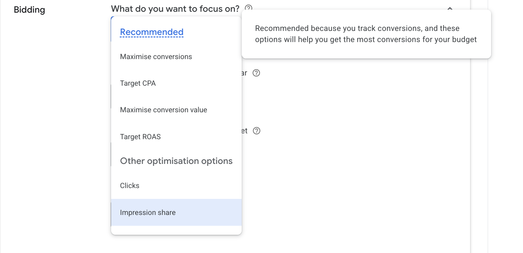 Google Ads bidding menu showing Maximise conversions, Target CPA, Maximise conversion value, Target ROAS, Clicks and Impression share
