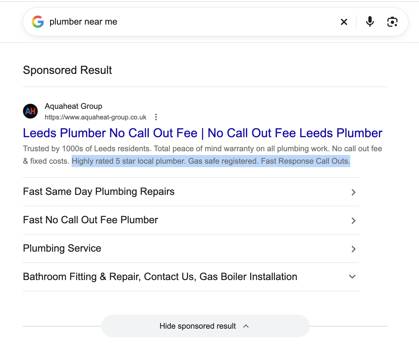 Google Search advert for a Leeds plumber with short selling points highlighted beneath the headline
