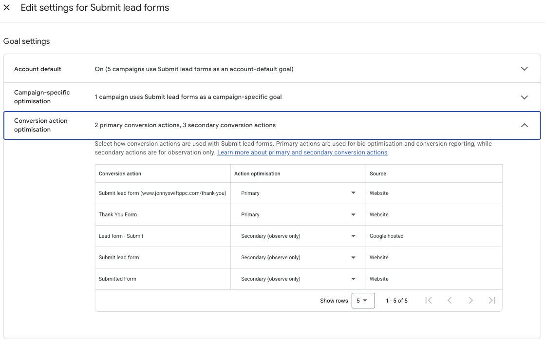 Edit goal screen with primary and secondary action optimisation dropdowns