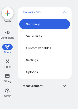 Google Ads Goals menu with Conversions and Summary selected