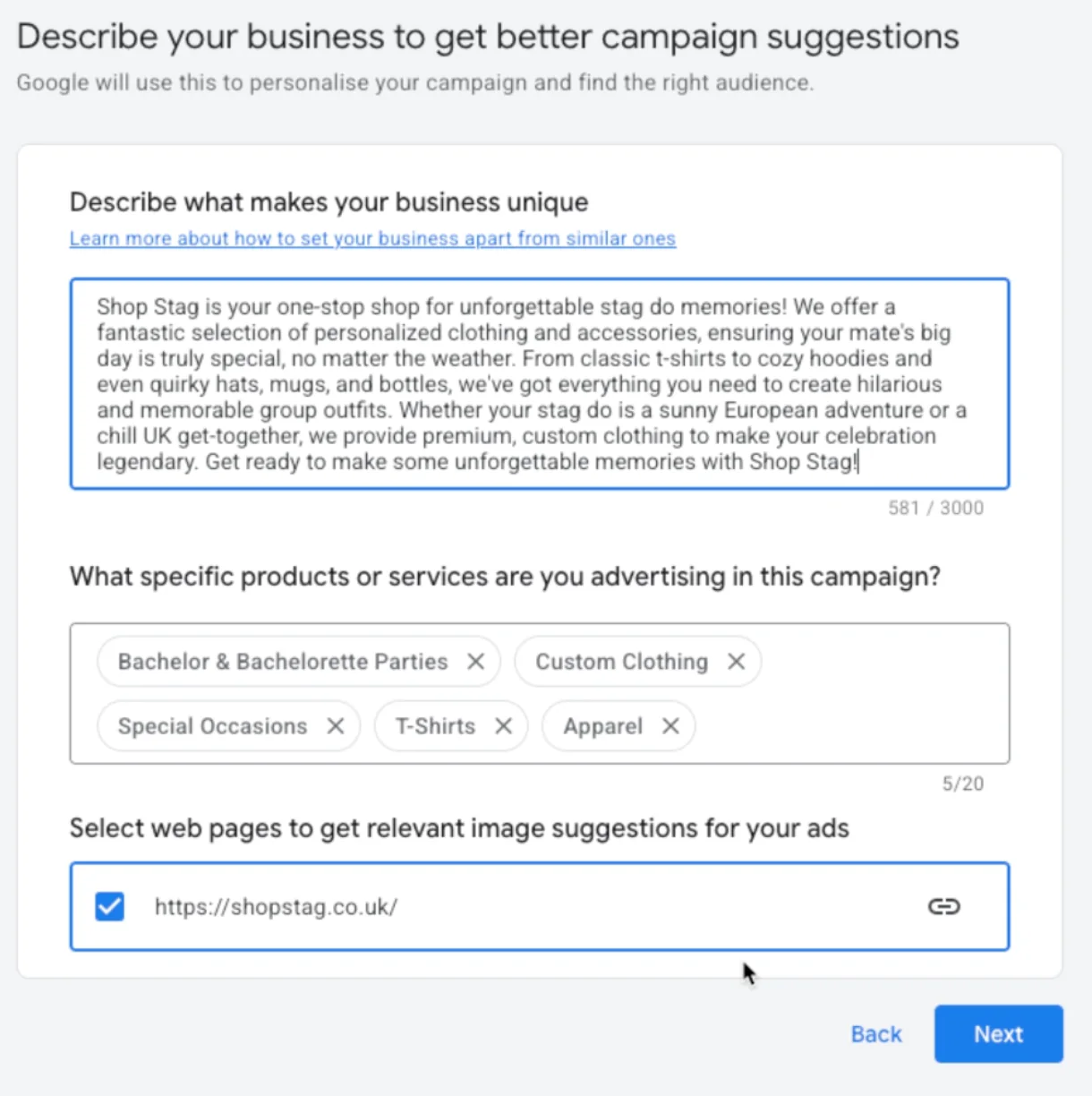 Google Ads describe your business