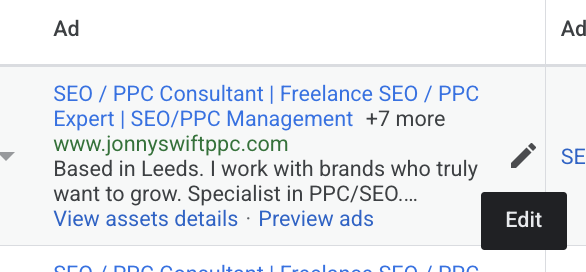 Pencil Edit icon beside a Search advert in the Google Ads Ads table