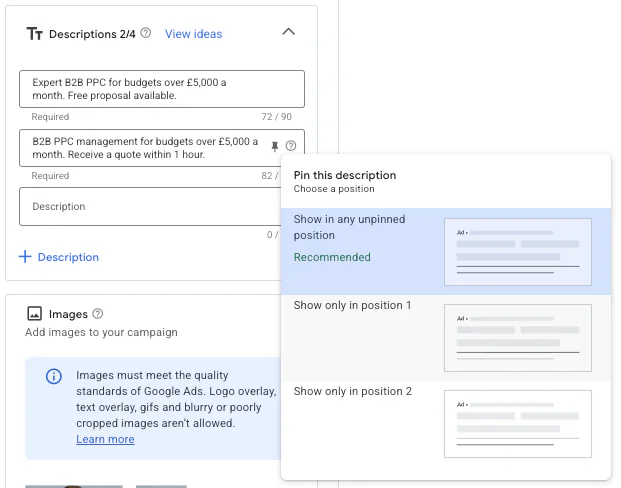 Google Ads headlining descriptions.