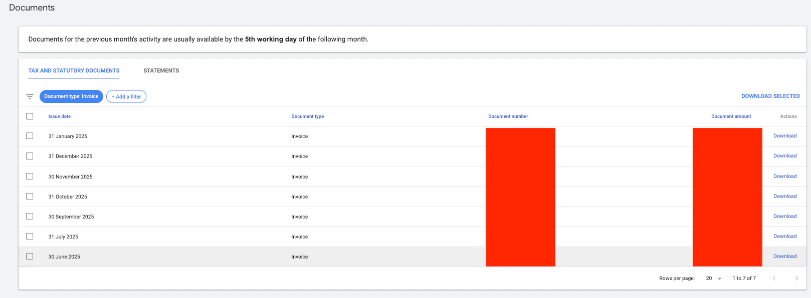 Google Ads invoice section