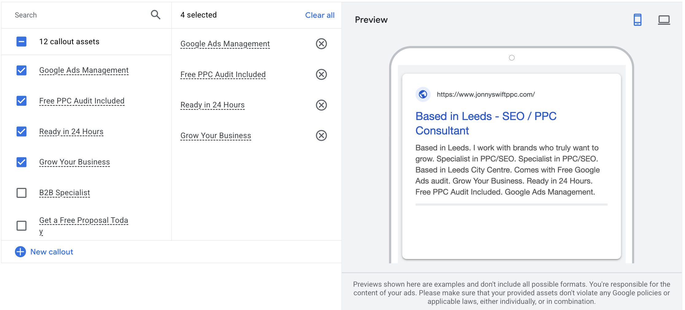 Google Ads callout selector with four selected assets, New callout button and mobile ad preview