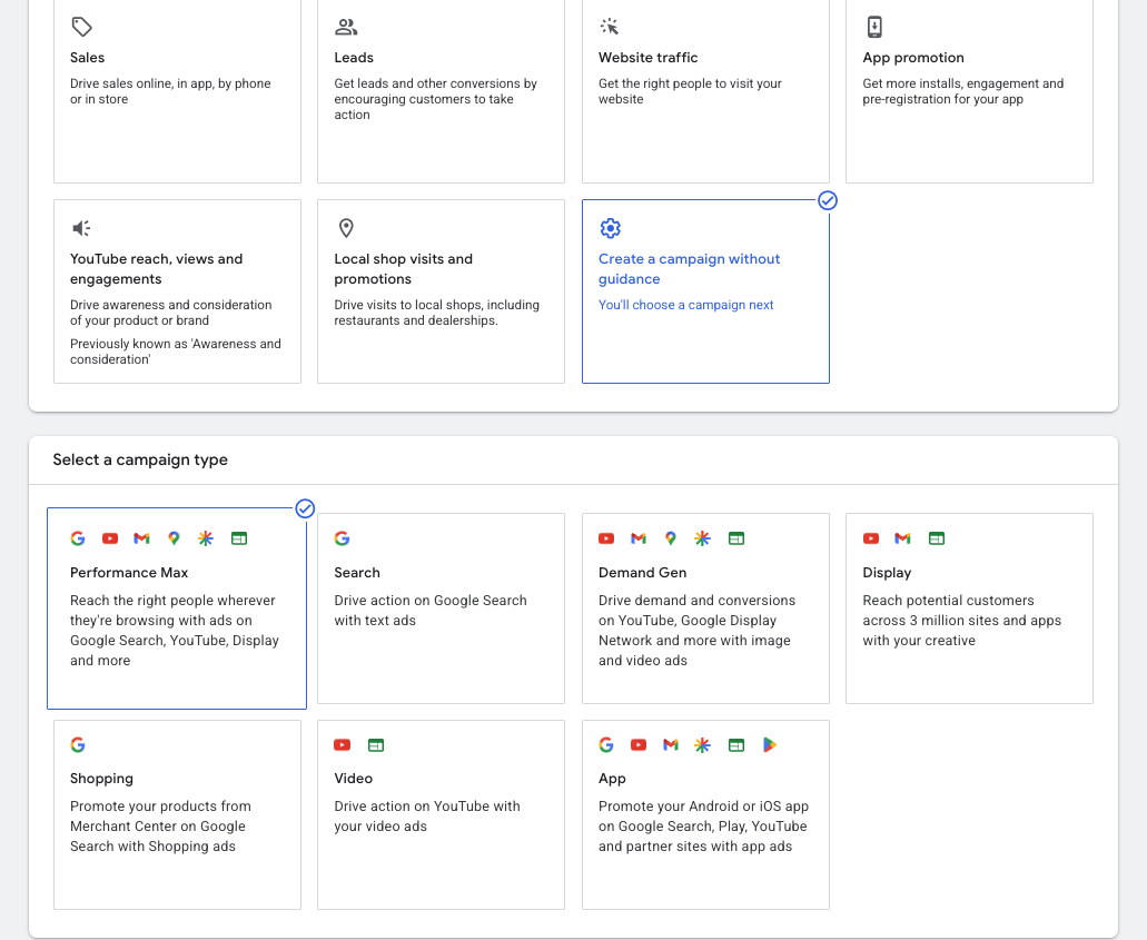 Create a campaign without guidance and Performance Max selected in Google Ads