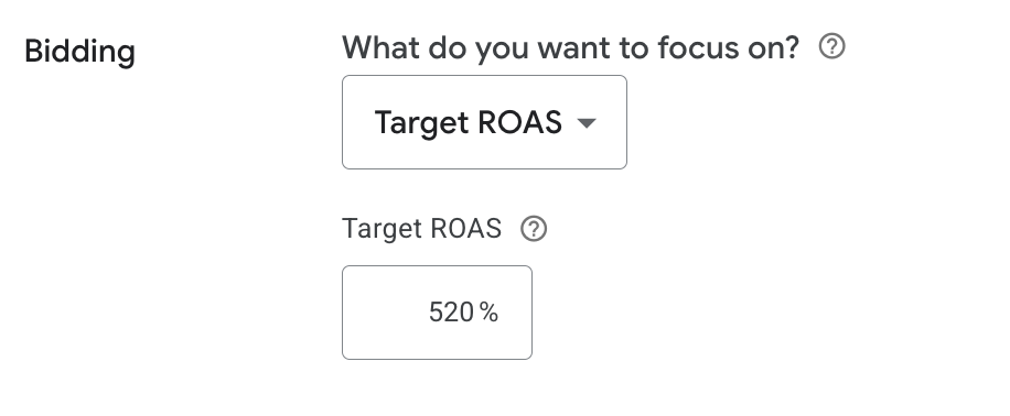 Google Ads bidding panel with Target ROAS selected and a target of 520 percent