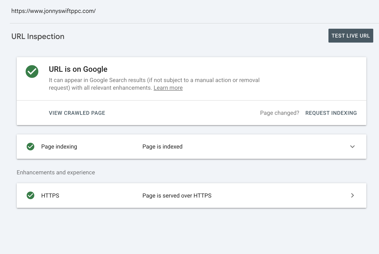 URL Inspection for the Jonny Swift PPC homepage showing URL is on Google and the Request indexing option