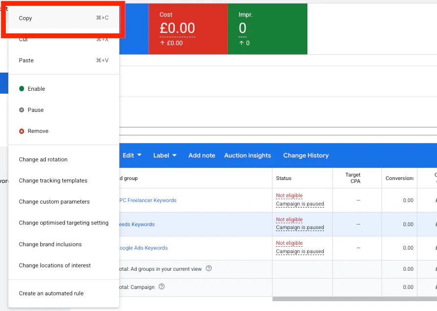 How to copy something on Google Ads
