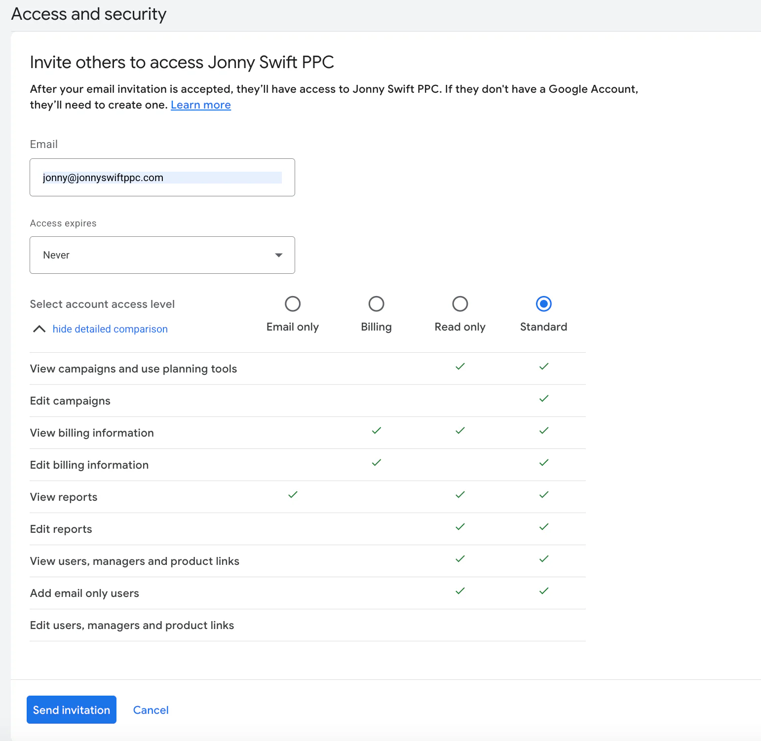 Inviting users to a Google Ads account
