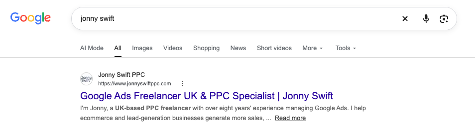 Google search for ‘jonny swift’ showing the Jonny Swift PPC website as the first visible result.