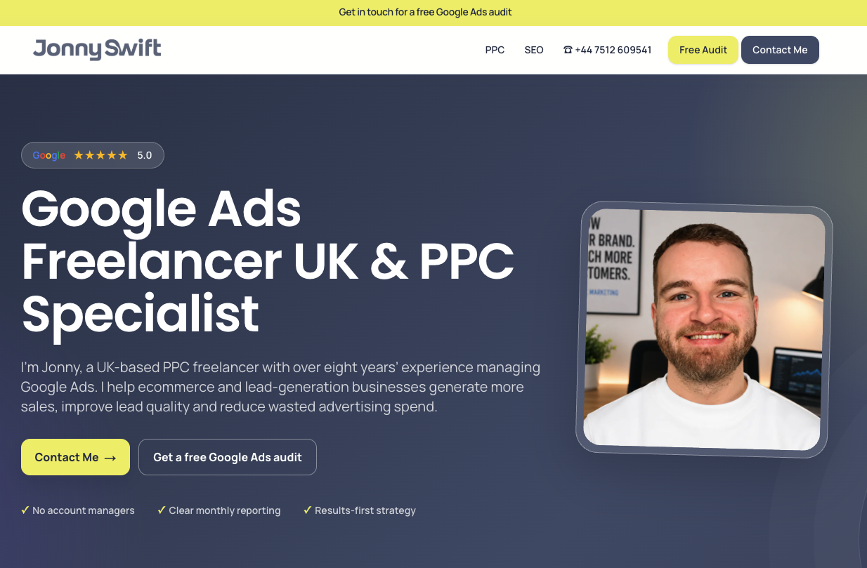 Jonny Swift PPC homepage showing his introduction, services and contact options.