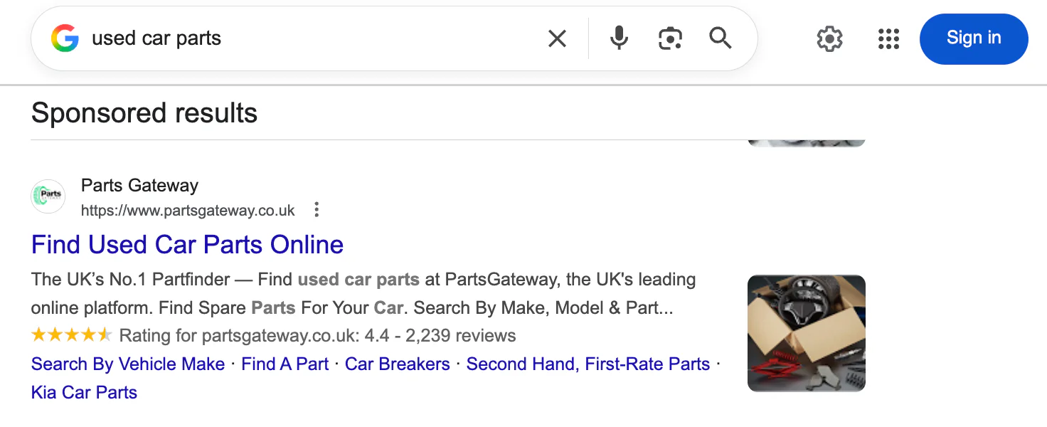 Keyword featured in a Google ad example