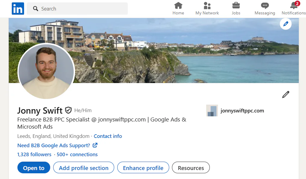 Linkedin profile of a PPC freelancer