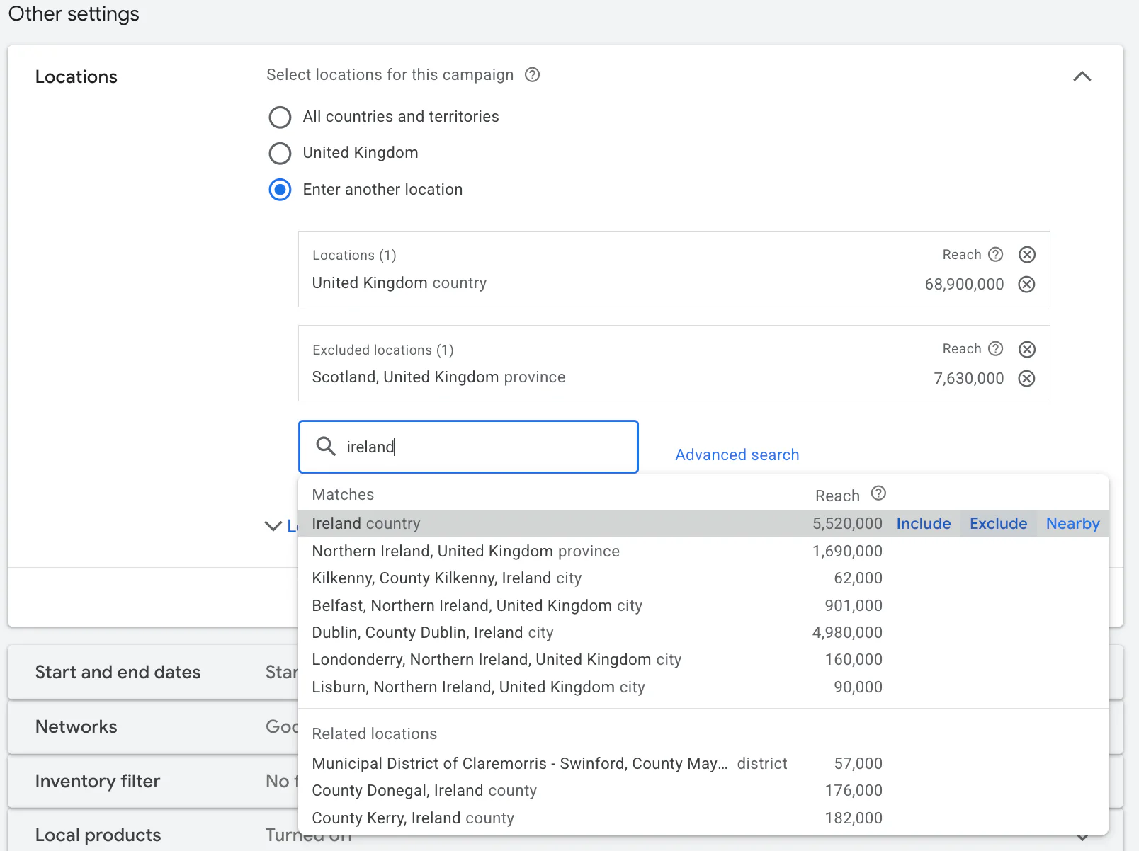 Location options on Google Ads