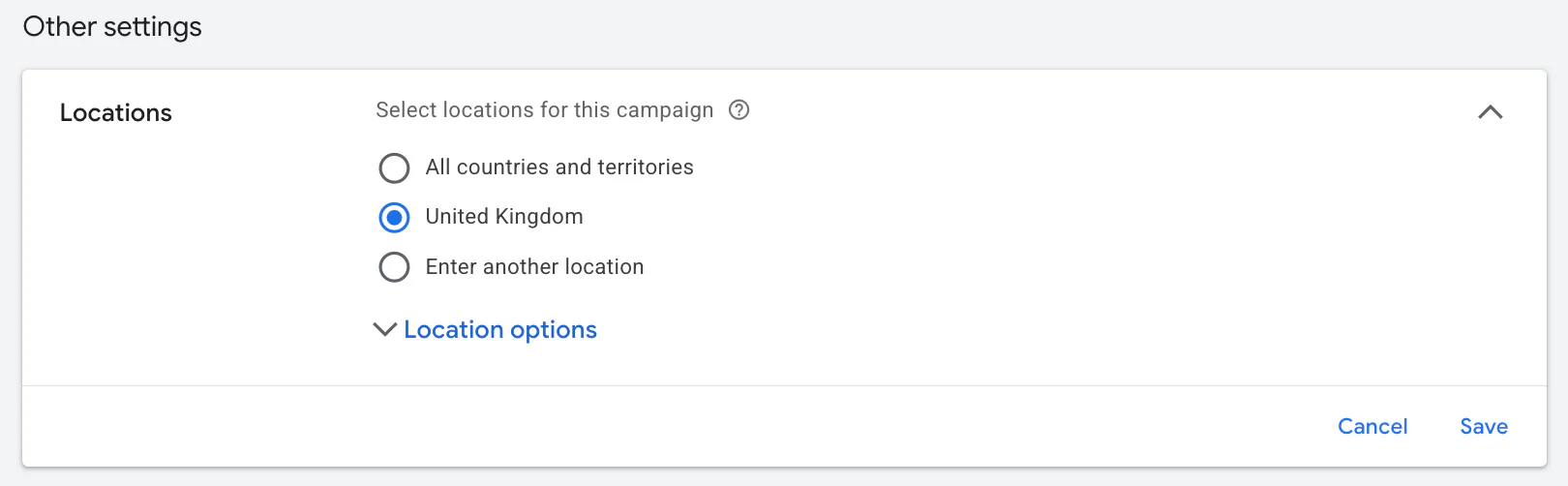 Locations location on Google Ads