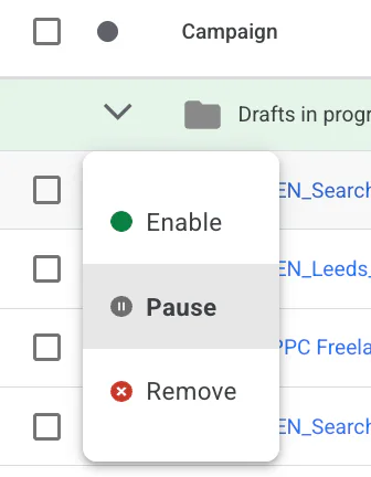 Pausing a campaign on Google Ads