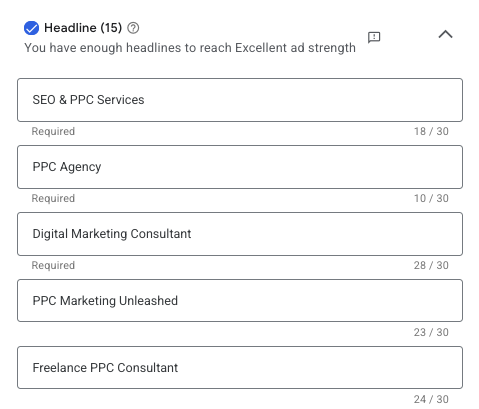 Performance Max headline fields with enough headlines to reach Excellent ad strength