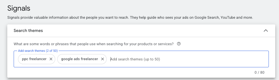 Performance Max Signals section with PPC freelancer and Google Ads freelancer entered as search themes