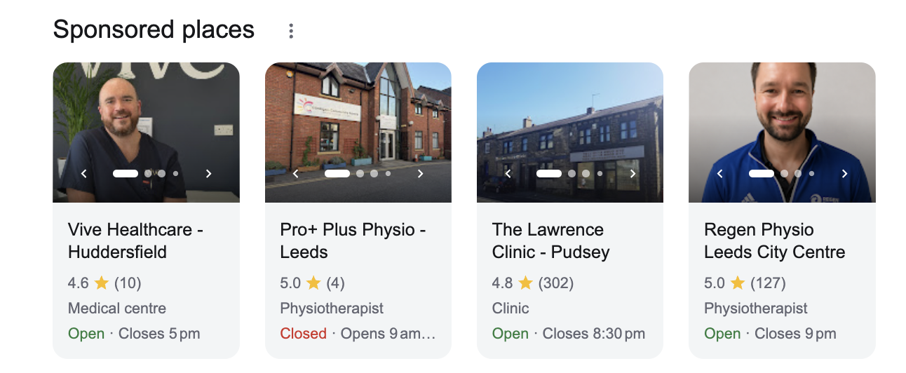 Google Sponsored places results showing clinics in Huddersfield, Leeds and Pudsey with photos, ratings and opening information