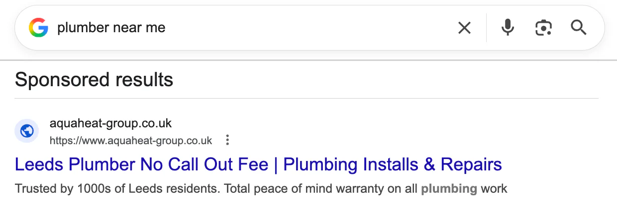 Example of a plumber ad on Google Ads search