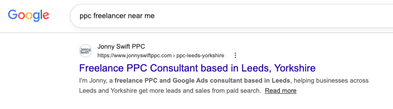 Google search for ‘PPC freelancer near me’ showing Jonny Swift’s Leeds and Yorkshire PPC page.