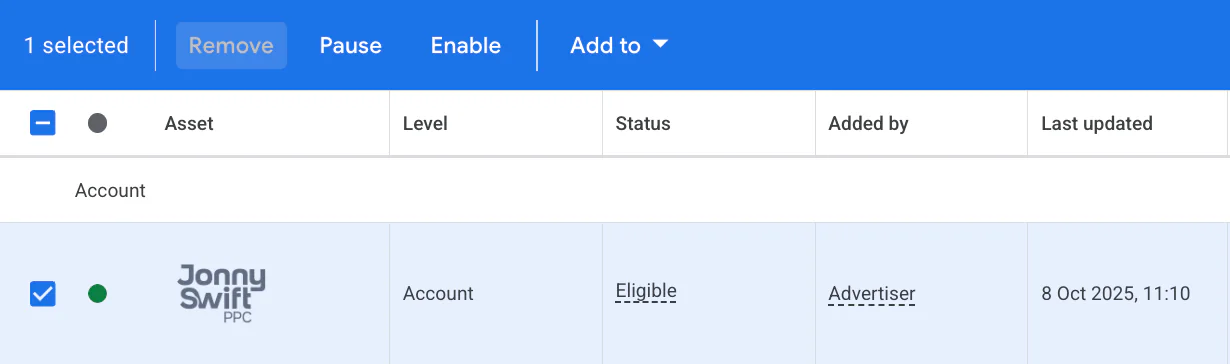Remove logo on Google Ads account level