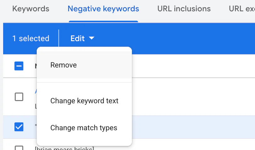 How to remove a negative keyword on Google Ads