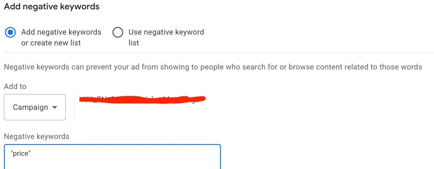 Adding negative keywords within phrase match on Google Ads