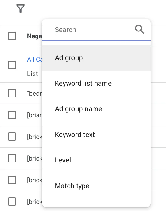 Negative keyword filters to find them within Google Ads