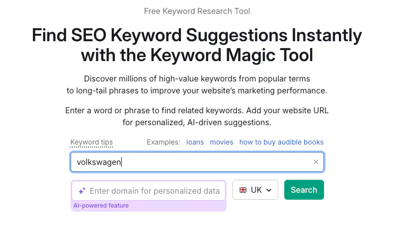 Searching for a topic on semrush