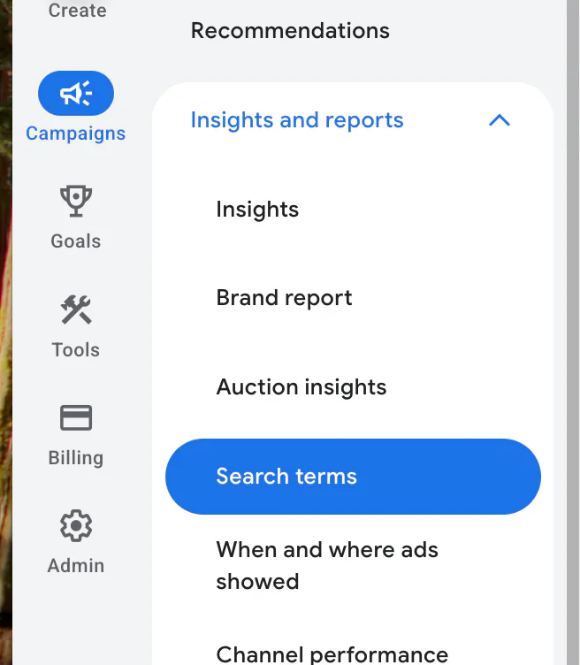 Where to find search terms on Google Ads